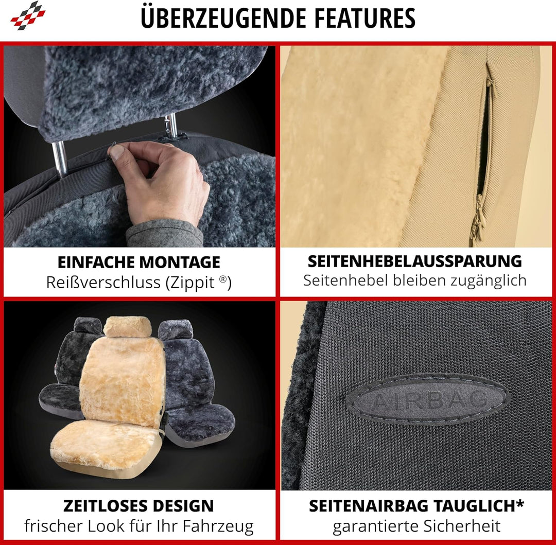 Walser Lammfell Autositzbezug Iva, 100% Lammfell Sitzbezug für Auto, 1 Stück Lammfell Sitzbezüge Aut