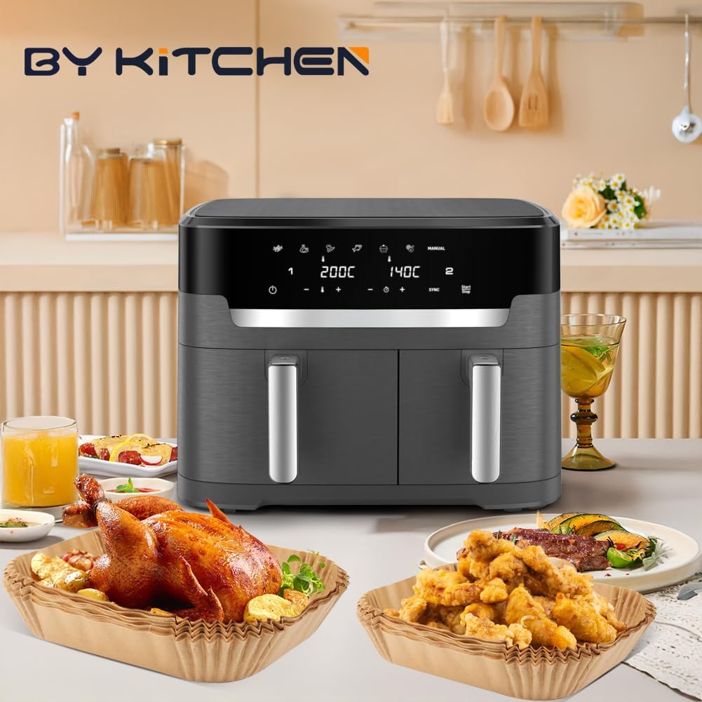 BYKITCHEN 100 Stück Airfryer Backpapier für Tefal Dual Easy Fry XXL Doppelkammer-Heissluftfritteuse,