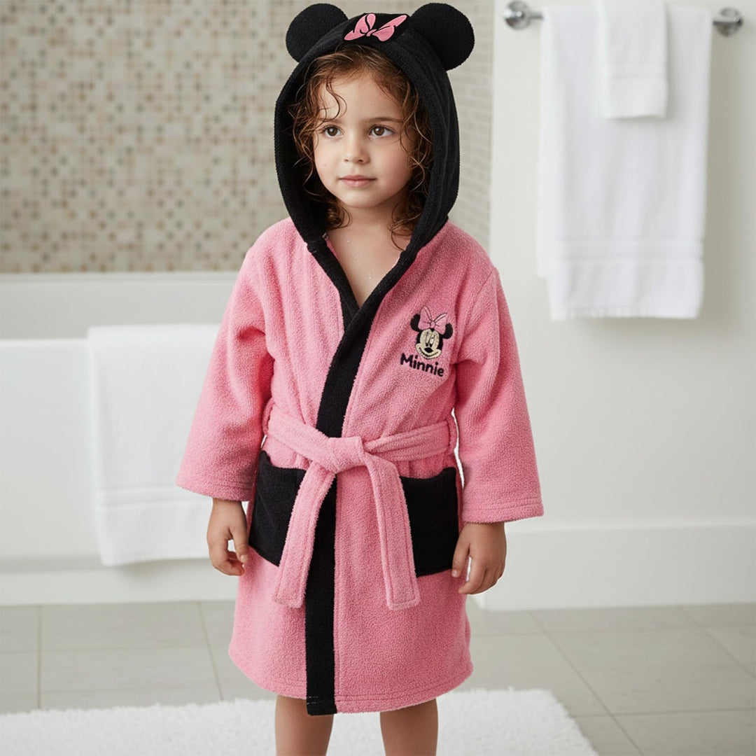 Disney - Bademantel Minnie mit kleiner Schleife – Seitentaschen – Kordelzug – 100 % Polyester – Rosa