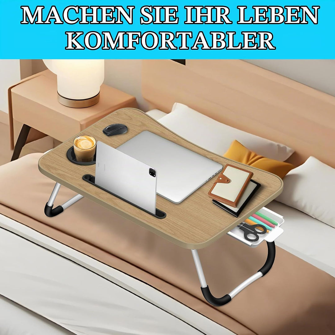 Soontrans Laptoptisch, 60 x 40 x 28 cm, Laptop Tisch mit Tablethalter, Schublade, Getränkehalter, Be