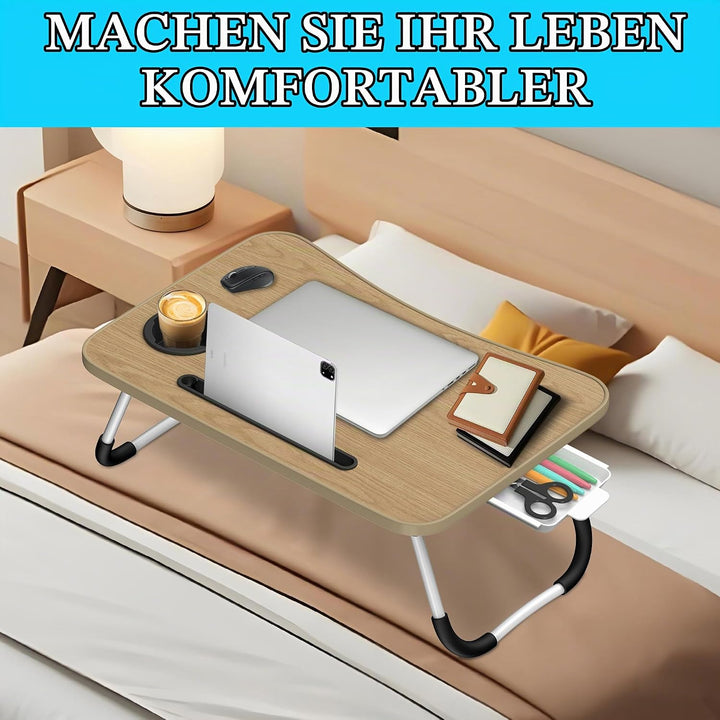 Soontrans Laptoptisch, 60 x 40 x 28 cm, Laptop Tisch mit Tablethalter, Schublade, Getränkehalter, Be