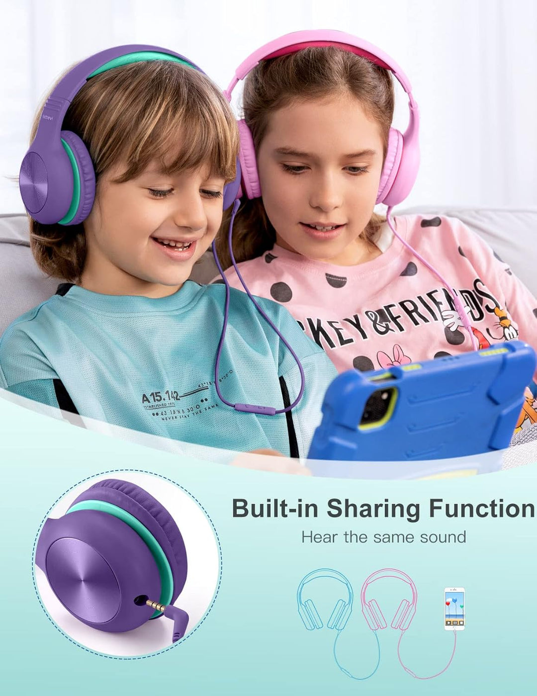 Nabevi Kopfhörer Kinder, Kinder Kopfhörer mit Kabel, 85/94dB Lautstärkegrenze, HD-Stereoton, Sharing