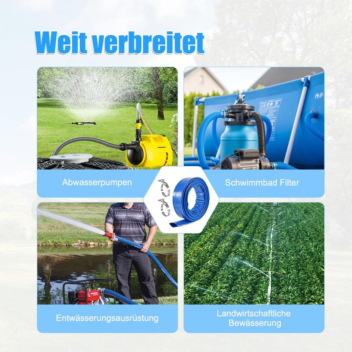 Gewebeschlauch 1 1/2 Zoll, 10M Flachschlauch Ø 38 mm, Blau Gewebeschlauchset mit 2 Clips für Tauchpu