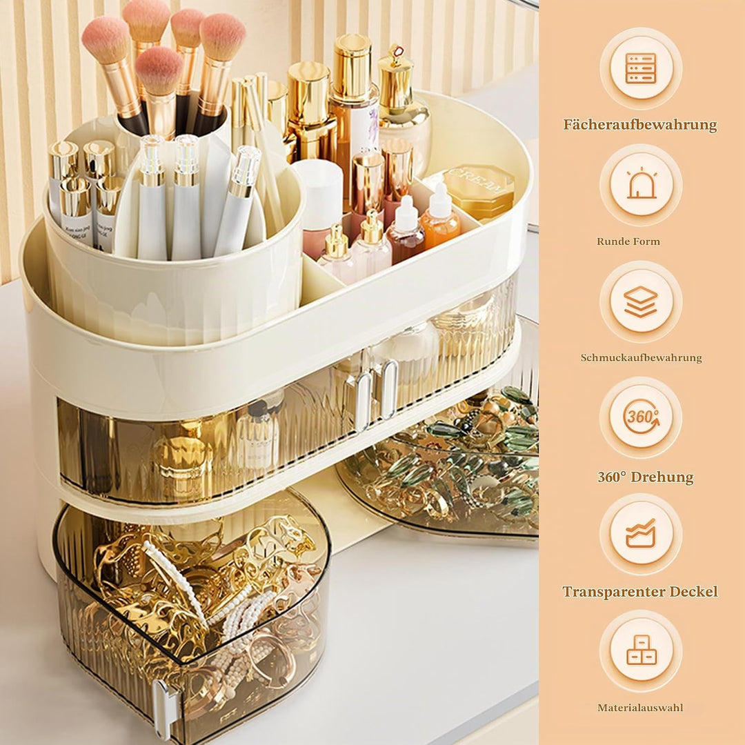 Make Up Kosmetik Organizer 360° Drehbar Mit Zwei Kleinen Schubladen für Schminktisch Schlafzimmer Ba