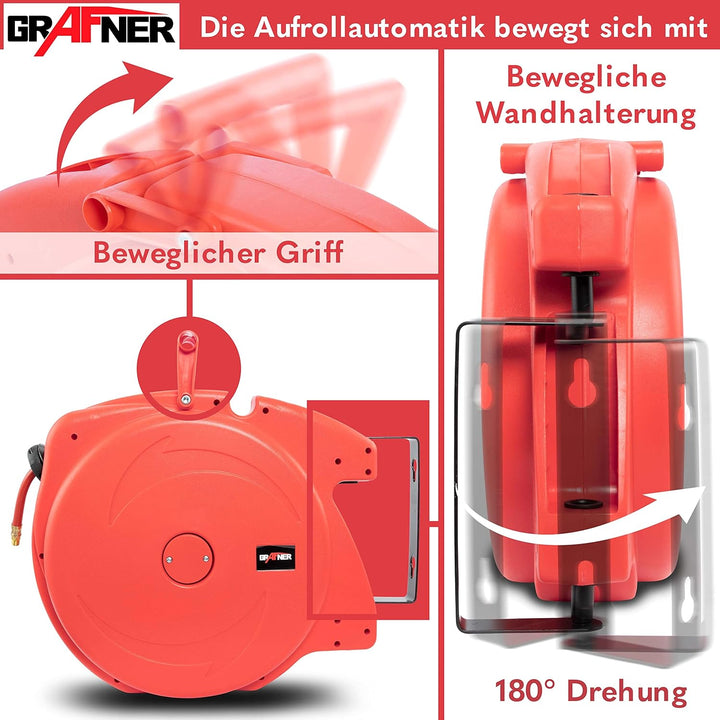 Grafner 20m Druckluftschlauch Aufroller automatisch, 1/4" Anschluss, incl. 180° schwenkbarem Wandsch