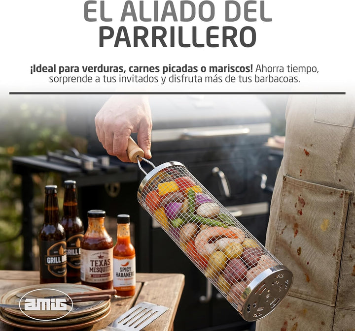 Amig - Rundkorb für Grill - 12 x 30 cm - Holzgriff - Edelstahlgrillkorb - Drehkorb für Grill im Gart