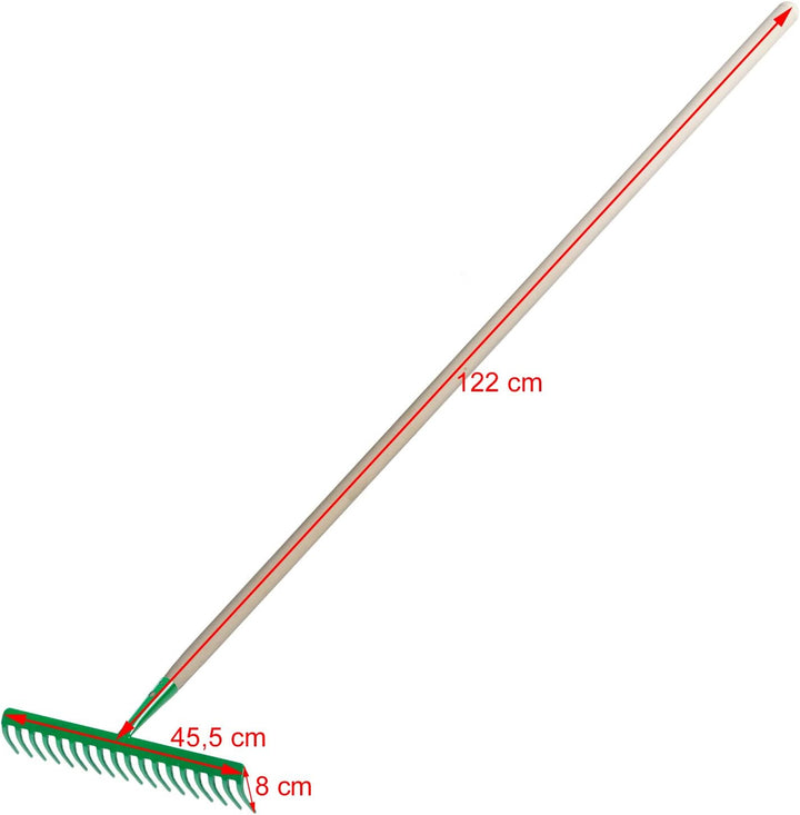 Garten Gerät Harke Rasen Boden Erde Rechen 18 Zinken Stahl Silber Gartenrechen 45,5 cm mit Holz Stie