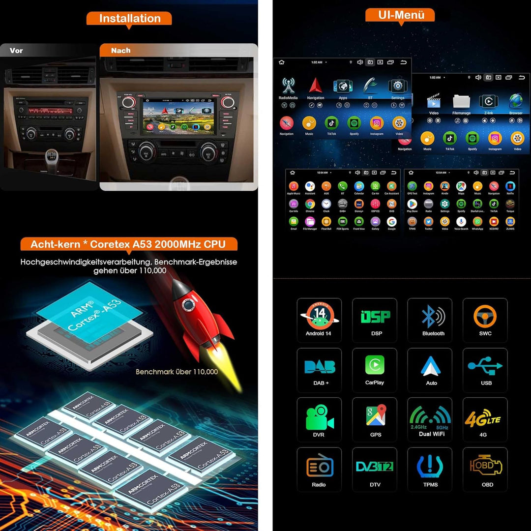 Acht-Kern 4GB+64GB Android 14 DAB+ Autoradio Für BMW 3er E90 E91 E92 E93 M3 mit Navigation GPS Unter