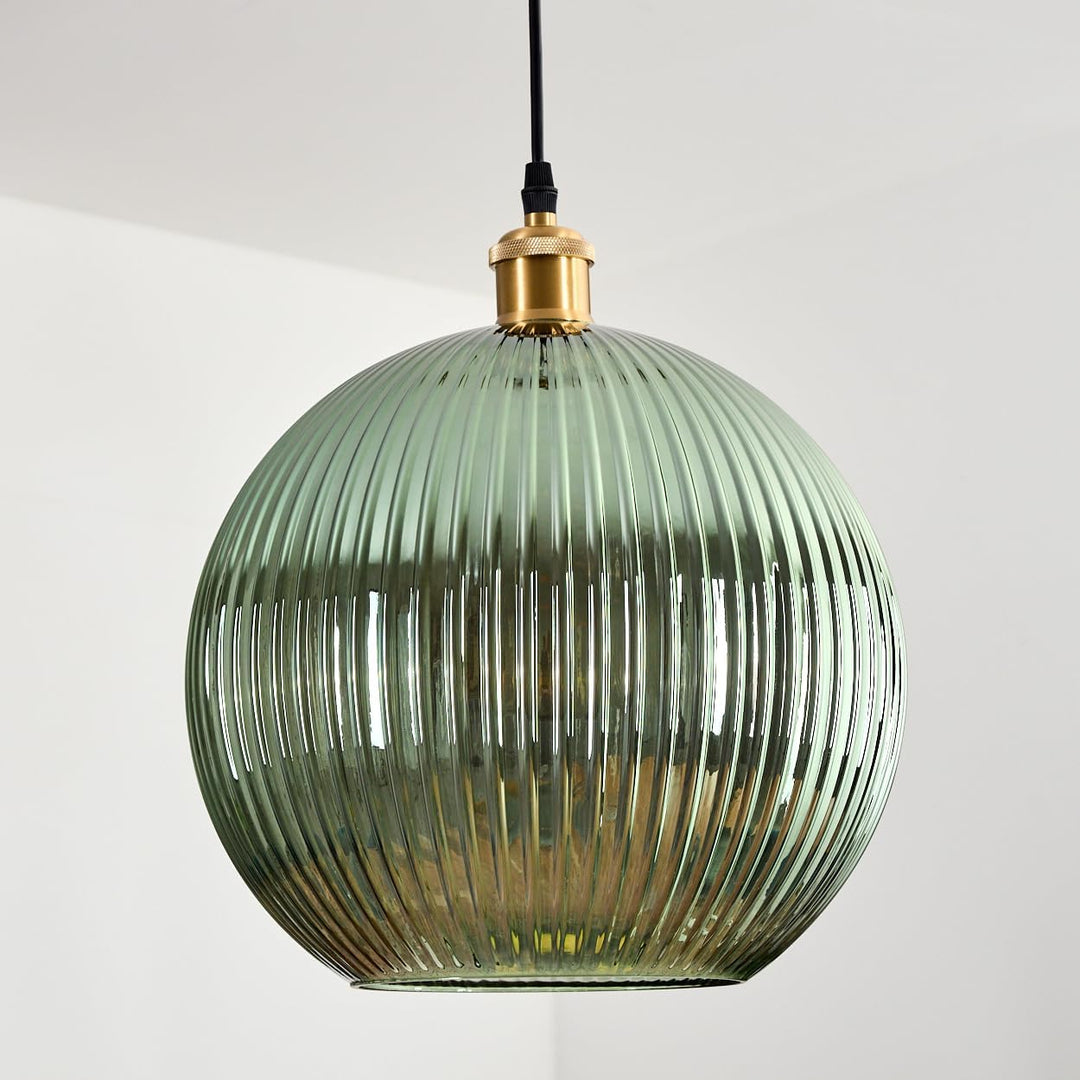 HOFSTEIN Hängeleuchte Koyoto, 1-flammige Hängelampe aus Metall/Riffelglas in Gold/Grün, moderne Pend