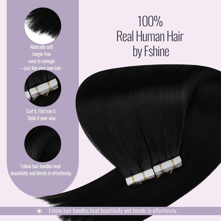 Fshine Extensions Tape in Echthaar 45cm Schwarze Extensions Echthaar Haar 20 Stück Tapes Echthaar Ex