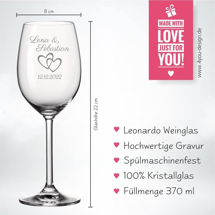 4you DESIGN Leonardo Weinglas mit Gravur XL ‚Wunschname Herz`630ml I Geschenk für Hochzeitspaare, El