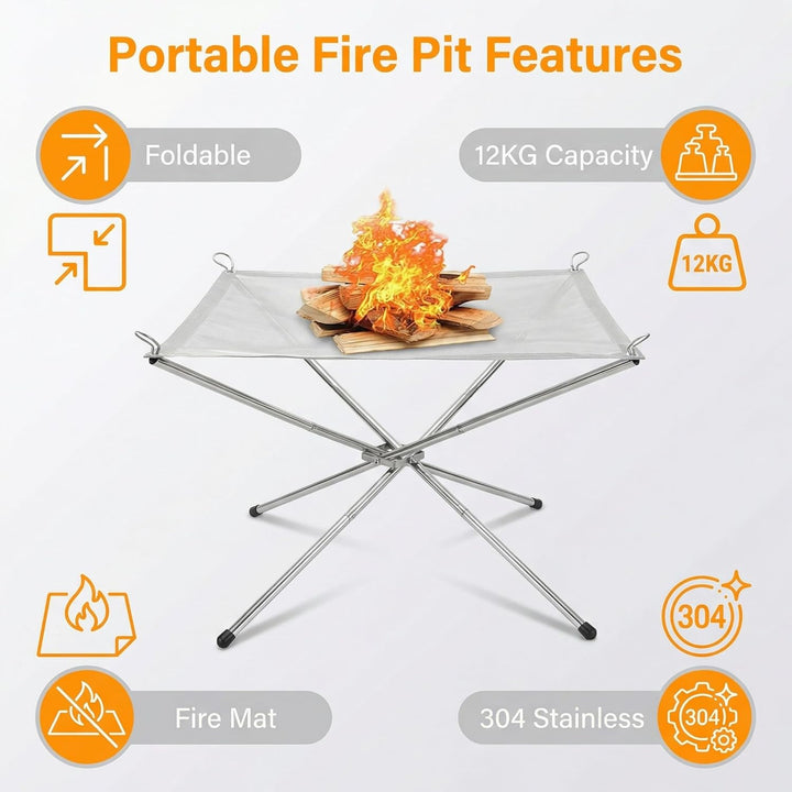 Tragbare 42cm Feuerschale Edelstahl mit 50x100cm Brandschutzmatte | Klappbare Feuerstelle Outdoor fü