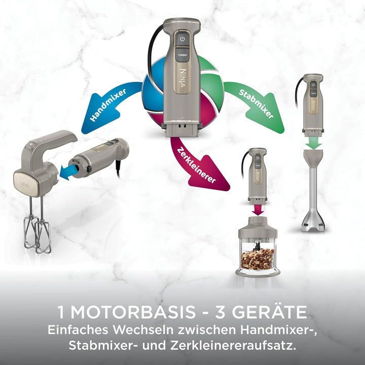 Ninja Foodi 3-in-1 Stabmixer Stufenweise Anlauf, 2 Misch-und 5 Rührgeschwindigkeiten zum Zerkleinern