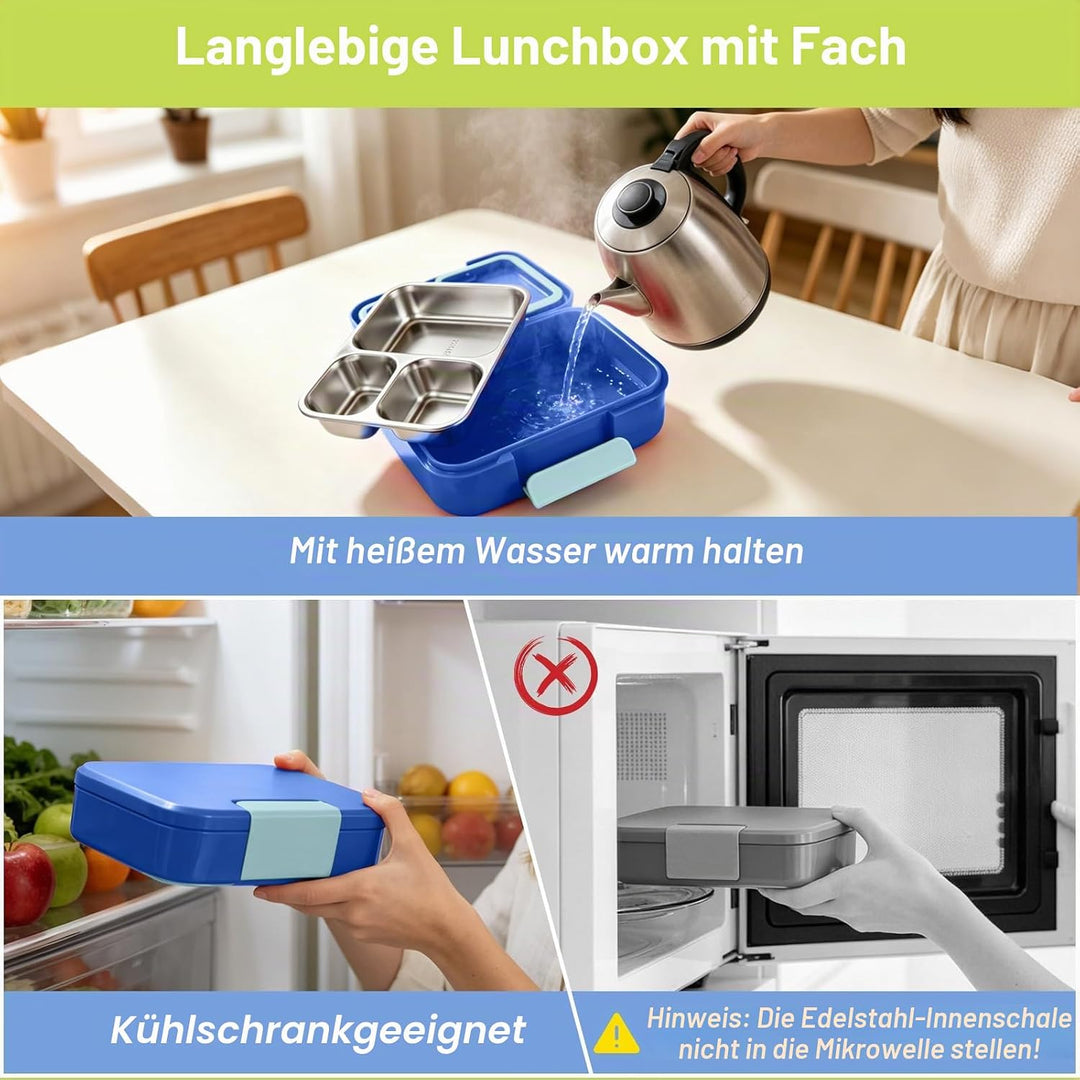 Brotdose mit 3 Fächern, 1100ml Edelstahl-Lunchbox für Kinder und Erwachsene Auslaufsicherer Lebensmi