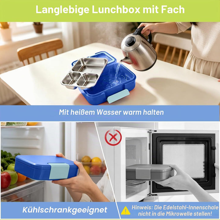 Brotdose mit 3 Fächern, 1100ml Edelstahl-Lunchbox für Kinder und Erwachsene Auslaufsicherer Lebensmi