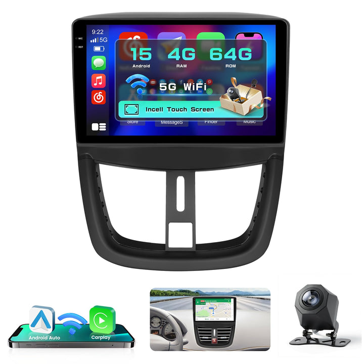 Hikity Android 15 4+64G Autoradio für Peugeot 207 2006-2010 mit 9 Zoll Incell Touchscreen, Autoradio