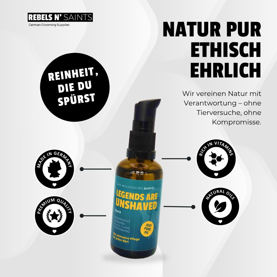 REBELS N' SAINTS Bartöl Aura - 100% natürlich - Pflegt Bart und Haut - Made in Germany - 50 ml Zeder
