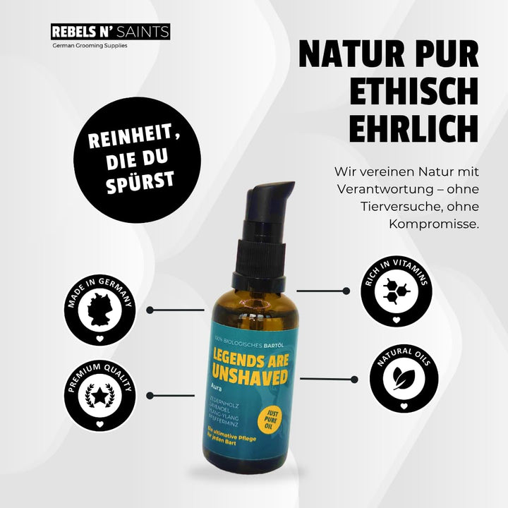 REBELS N' SAINTS Bartöl Aura - 100% natürlich - Pflegt Bart und Haut - Made in Germany - 50 ml Zeder