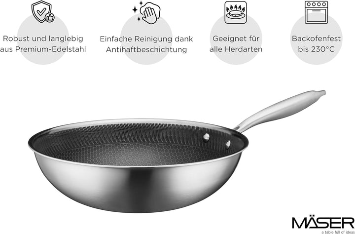 MÄSER Hestia, Wok 30 cm, Edelstahl keramikbeschichtet mit Wabenstruktur, Silber/Schwarz