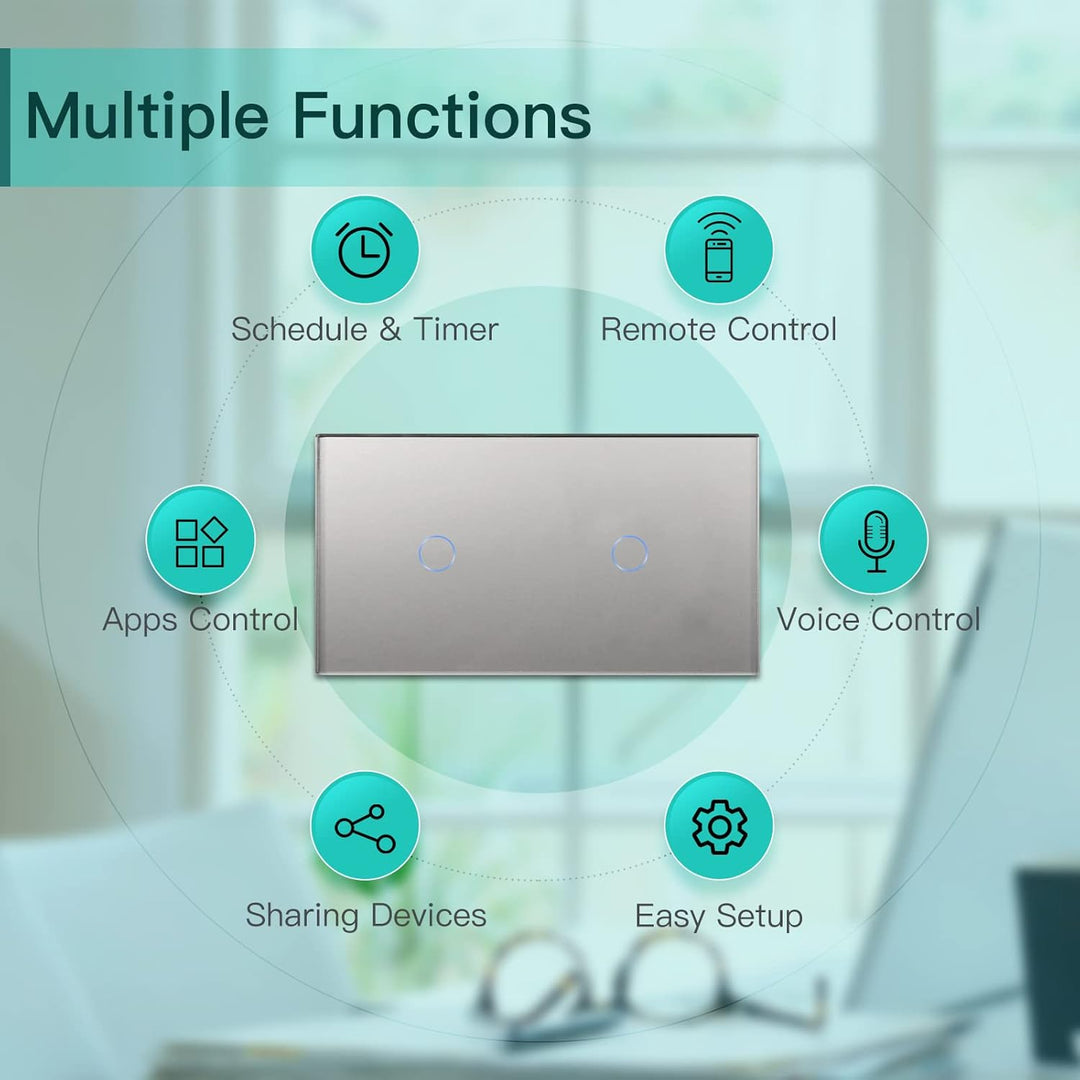 BSEED Doppelschalter Smart Alexa Lichtschalter aus Glas, WiFi Touch Wandschalter 1 Fach 1 Weg (Neutr