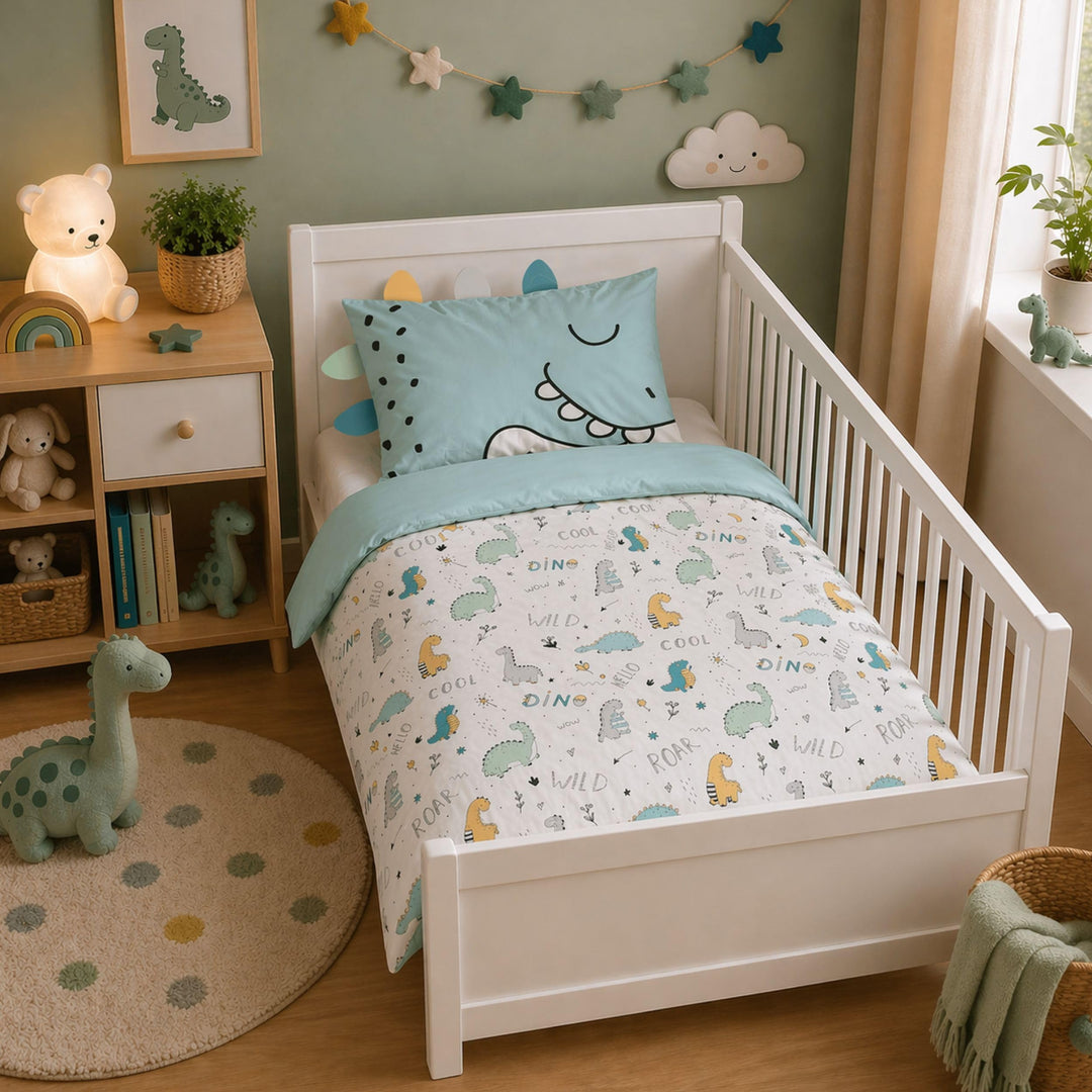 Familando Baby-Bettwäsche mit Ohren/Stacheln 100x135 40x60 cm · Dino Bettwäsche Hellblau für Kleinki