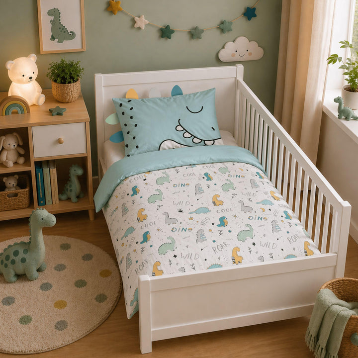 Familando Baby-Bettwäsche mit Ohren/Stacheln 100x135 40x60 cm · Dino Bettwäsche Hellblau für Kleinki