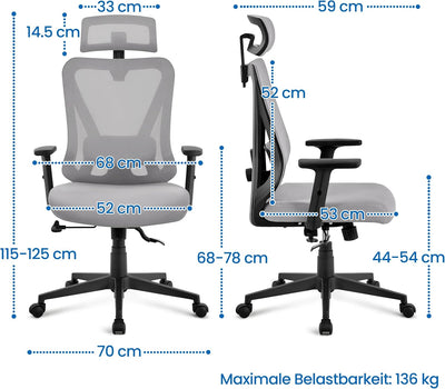 Yaheetech Bürostuhl Ergonomisch, Schreibtischstuhl mit Verstellbarer Kopfstütze, Armlehnen, Lendenwi