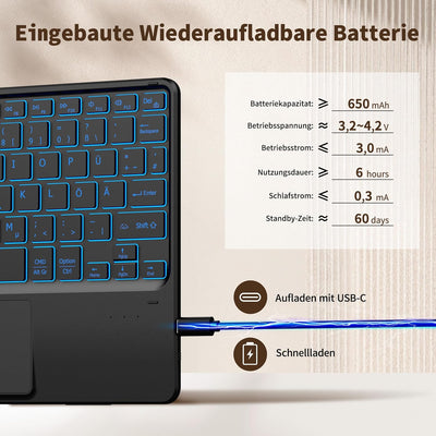 CACOE Tastatur mit Touchpad, QWERTZ Tastatur Kabellose mit 7 Farben Beleuchtete kompatibel mit iPad,