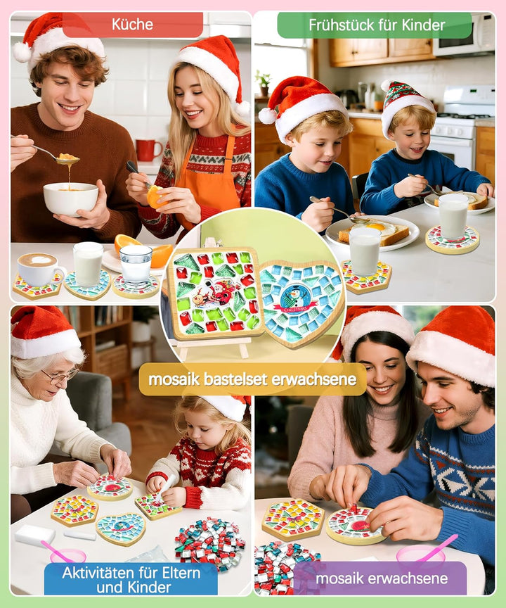 Finsink Mosaik bastelset kinder 4pcs Weihnachten Mosaik Untersetzer Bastelset DIY Holz Untersetzer S