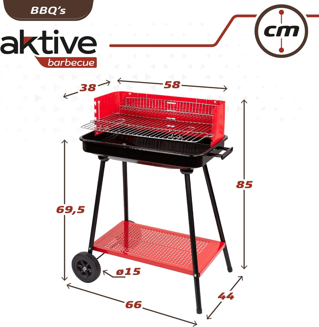 AKTIVE 52898 Holzkohlegrill, rechteckig, 66 x 44 x 85 cm, 4 Höhenverstellbar, Platz für 6 Personen,