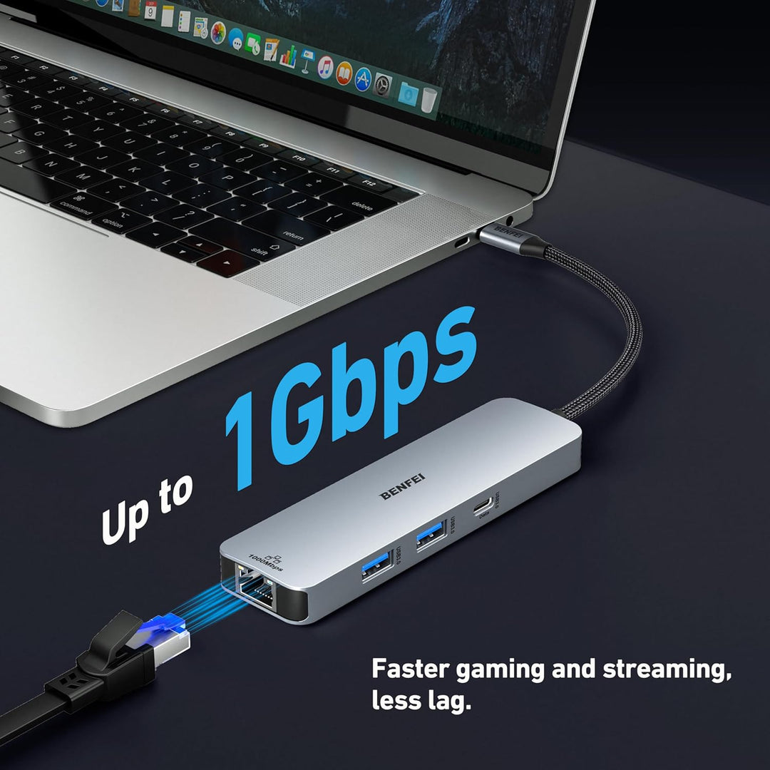 BENFEI 6in1 USB C Hub mit HDMI 4k@60HZ/PD 100W/ Gigabit Ethernet/ 1*USB C+2*USB A Datenports 5Gbps,