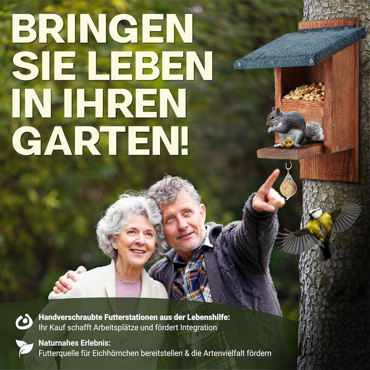 Eichhörnchen Futterhaus wetterfest aus pfälzer Holz – ohne Genickbruchklappe – Futterstation & Überw