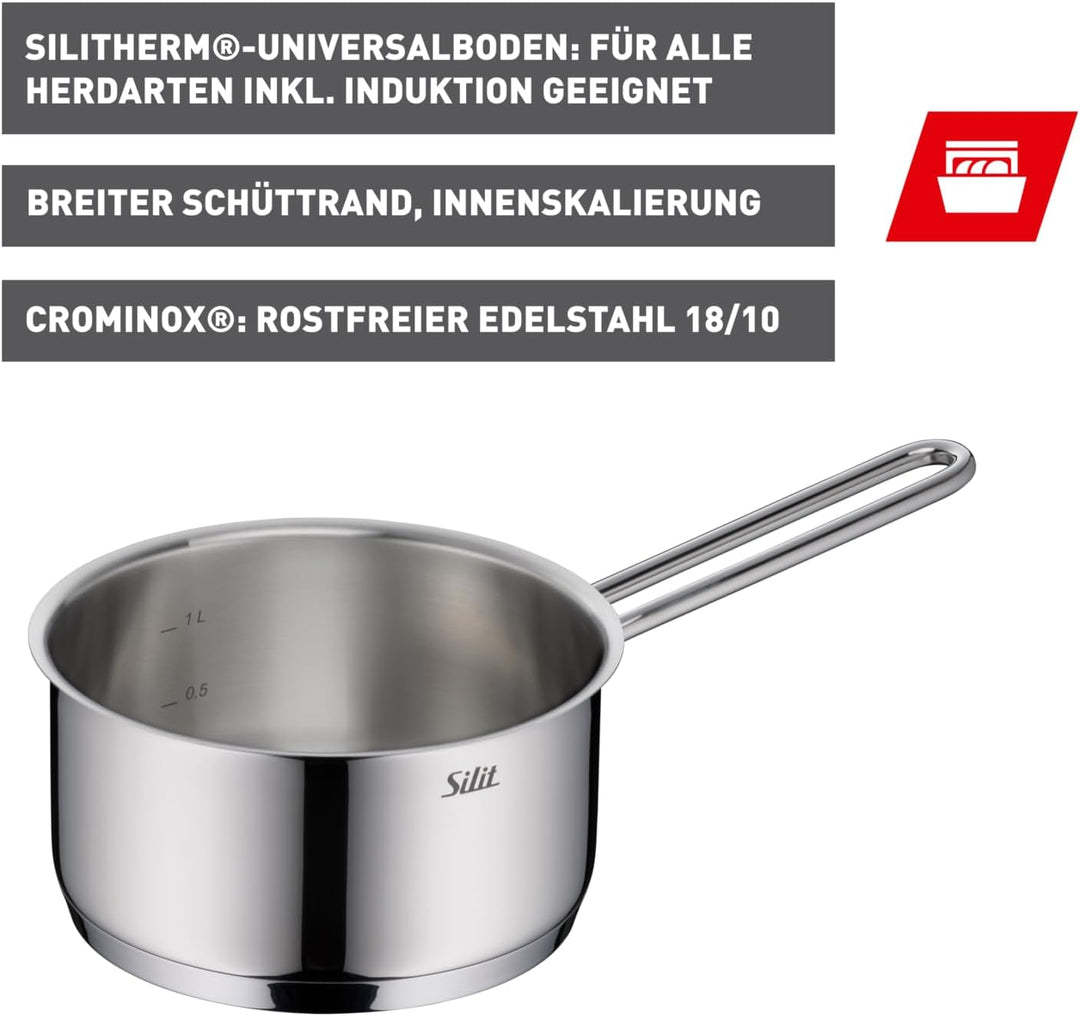 Silit Extra Cook, Stielkasserolle 16 cm, Innenskalierung, breiter Schüttrand, hochwertiger, spülmasc