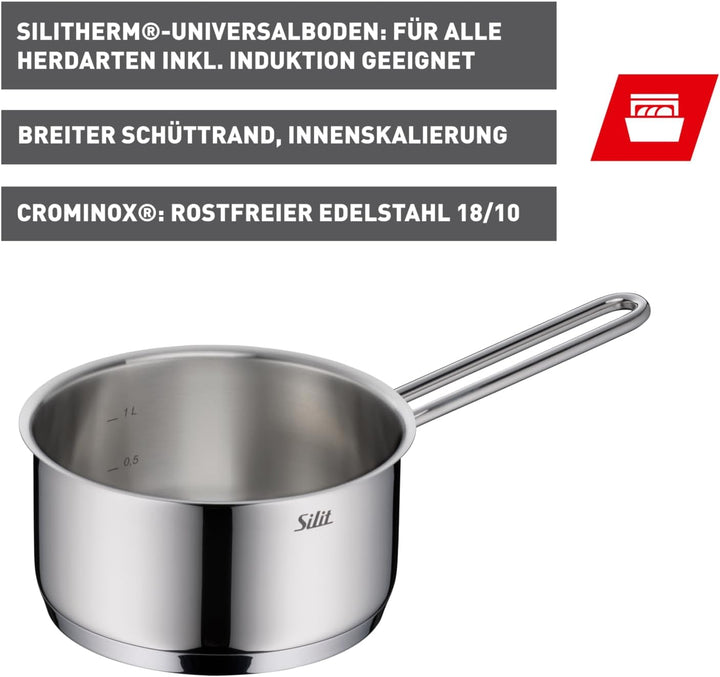Silit Extra Cook, Stielkasserolle 16 cm, Innenskalierung, breiter Schüttrand, hochwertiger, spülmasc