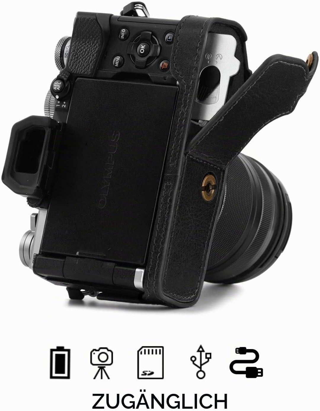 MegaGear MG1864 Ever Ready Kameratasche für Olympus OM-D E-M5 Mark III, Echtleder, Schwarz, Schwarz