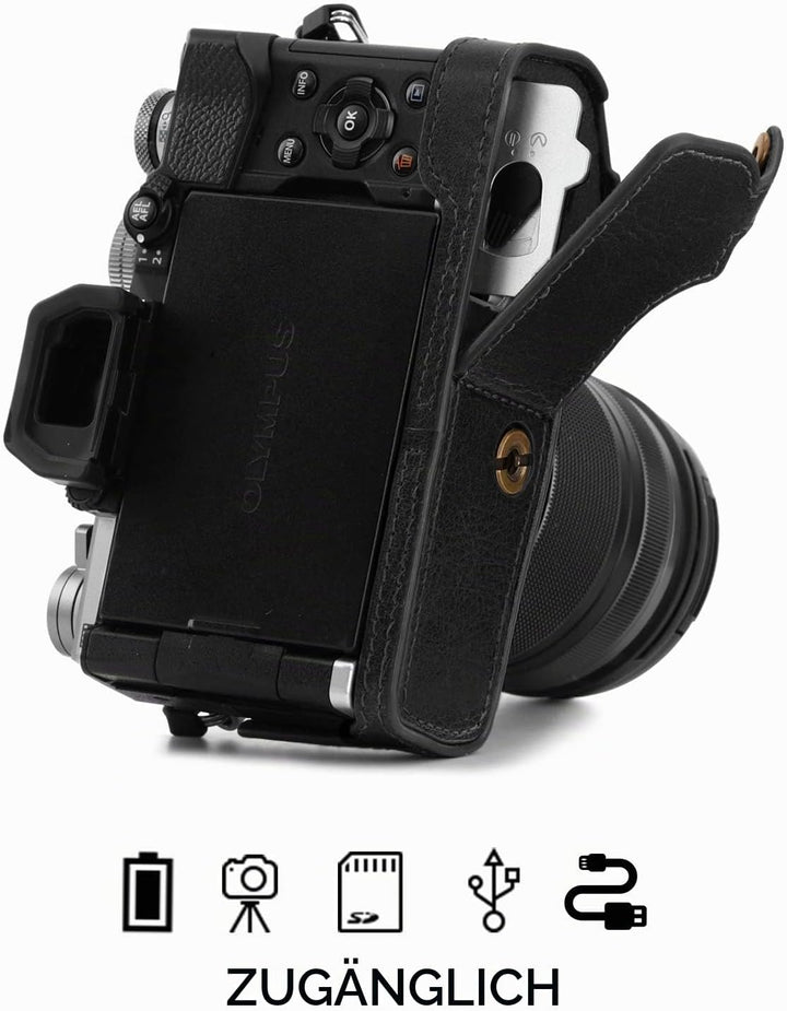 MegaGear MG1864 Ever Ready Kameratasche für Olympus OM-D E-M5 Mark III, Echtleder, Schwarz, Schwarz