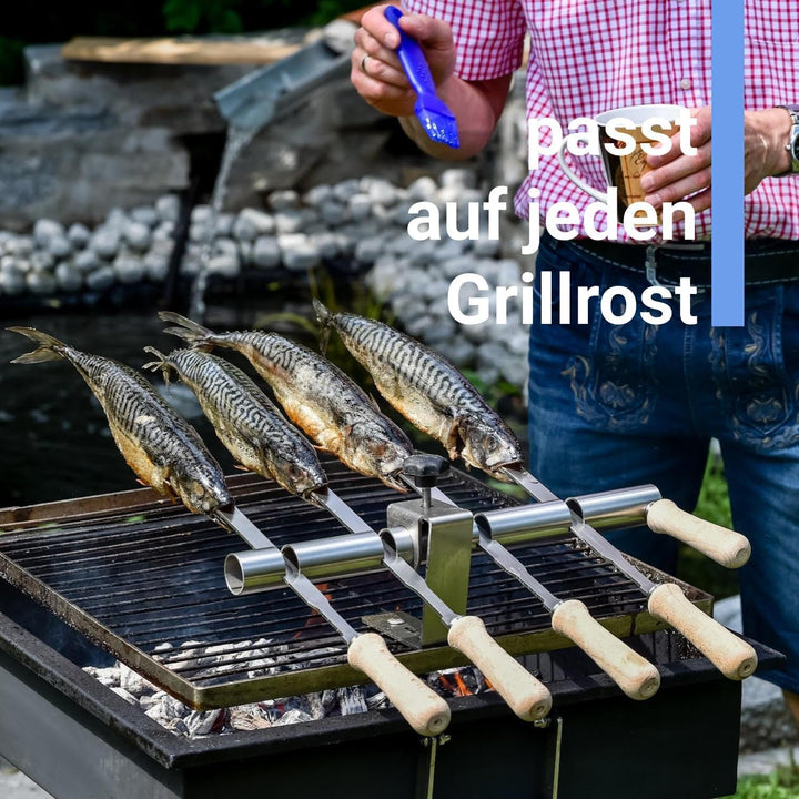 Premium Steckerlfisch Grillhalter für Gas- &amp; Kohlegrills - Platz für 4 Fische - Fisch Grill Aufsatz