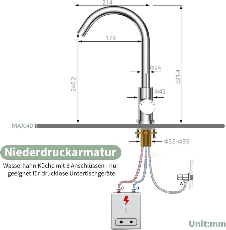 Niederdruck Armatur Küche mit 2 Strahlarten, 360 ° Drehbare Wasserhahn Küche, Leicht zu zerlegen und