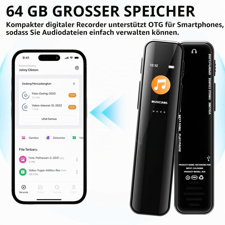 Diktiergerät Mini 64GB, Aufnahmegerät, Digitales Diktiergerät, Diktiergerät Digital mit Wiedergabe,