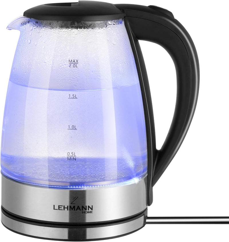 Lehmann LHOEK-2220 Glas Wasserkocher 2 Liter, 2200W, elektrischer Wasserkocher aus Glas mit LED-Hint