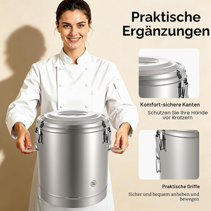 Transport Thermobehälter für Essen, 10/20/30L Gastro Warmhaltebehälter Isolierter Edelstahl Thermobo