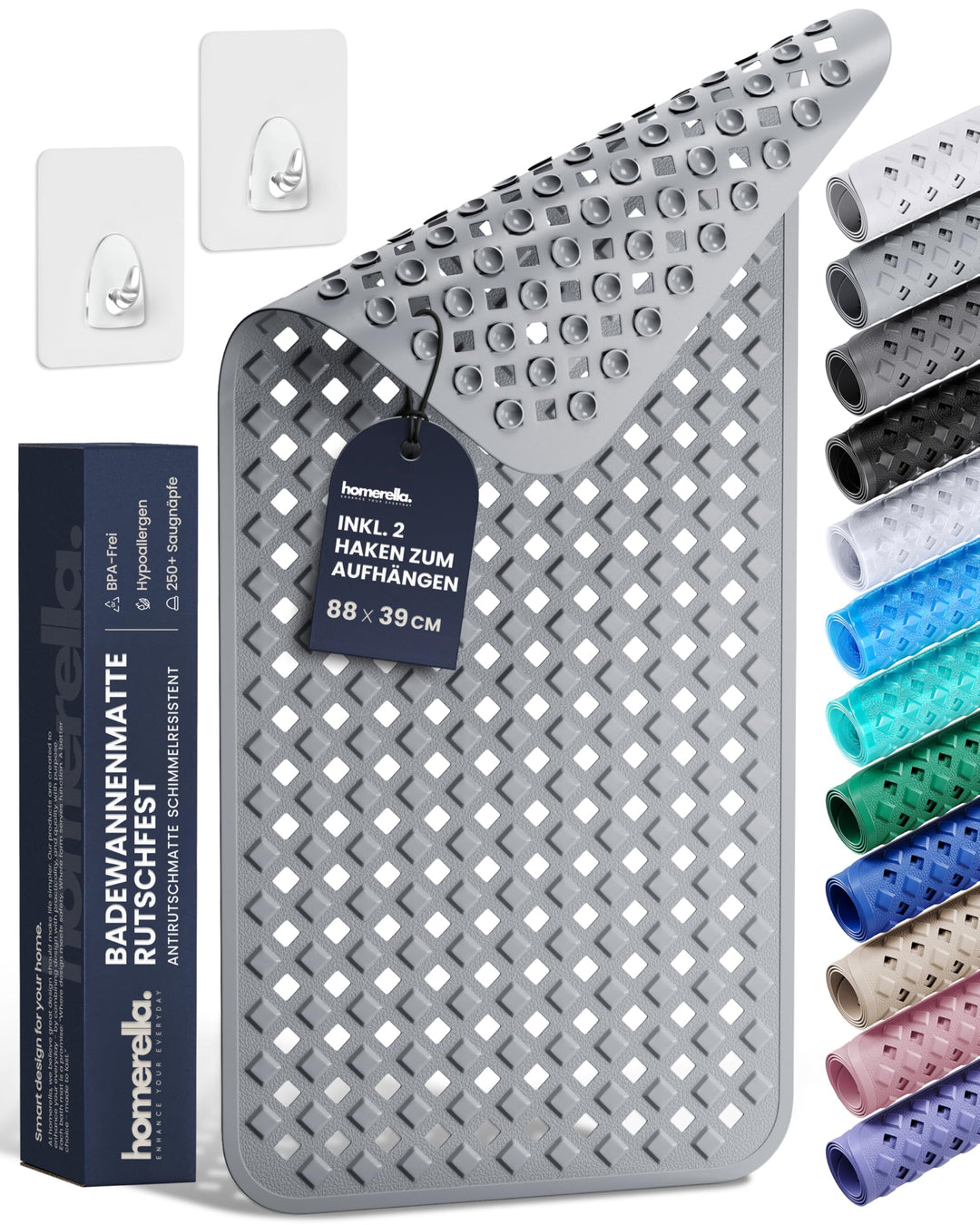 homerella® Badewannenmatte rutschfest 88x39cm, INKL. HAKEN, Rutschfeste Badematte BPA frei, Duschmat