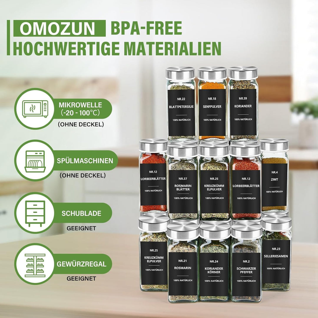 Gewürzgläser Eckig mit Etiketten Set 24er: Kleine Gewürzdosen Glas 120ml mit Streueinsatz Wasserfest