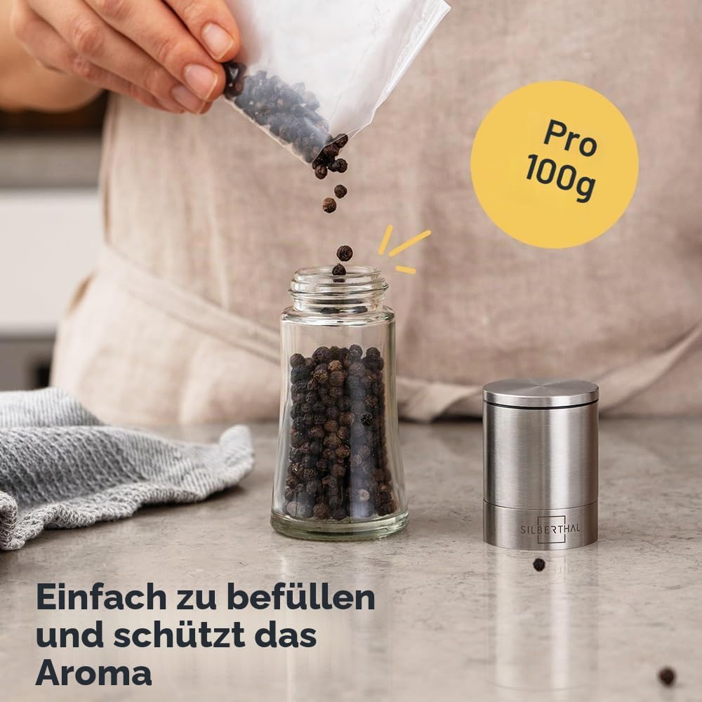 SILBERTHAL Gewürzmühlen 4er Set - verstellbares Keramikmahlwerk - Aromadicht - Salz- &amp; Pfeffermühlen