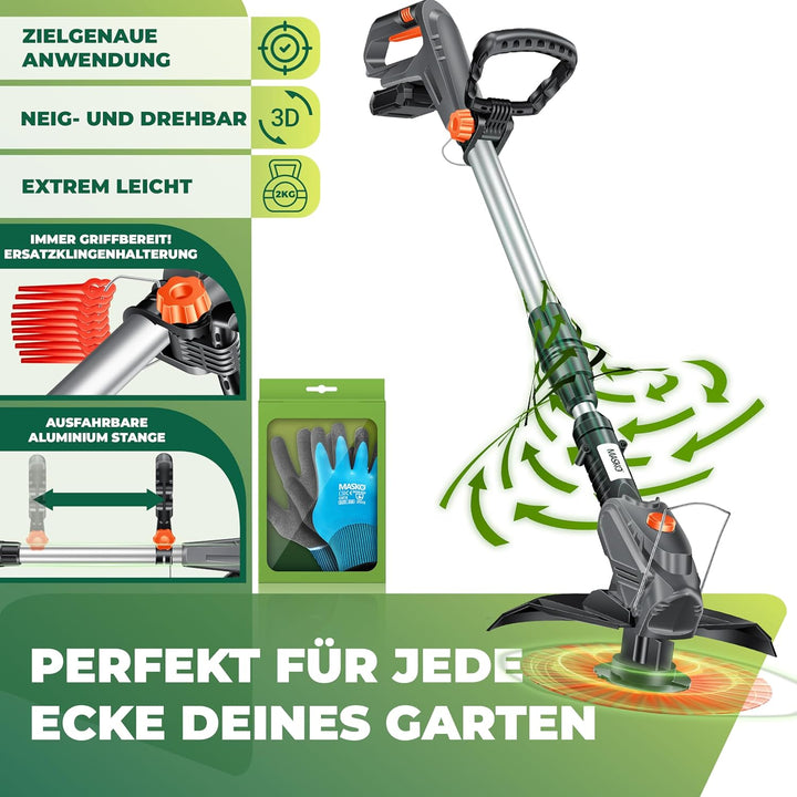 MASKO® Akku-Rasentrimmer mit 20 V Li-Akku, 2,0 Ah Akku und Ladegerät, Motorsense 26 cm Schnittkreis,