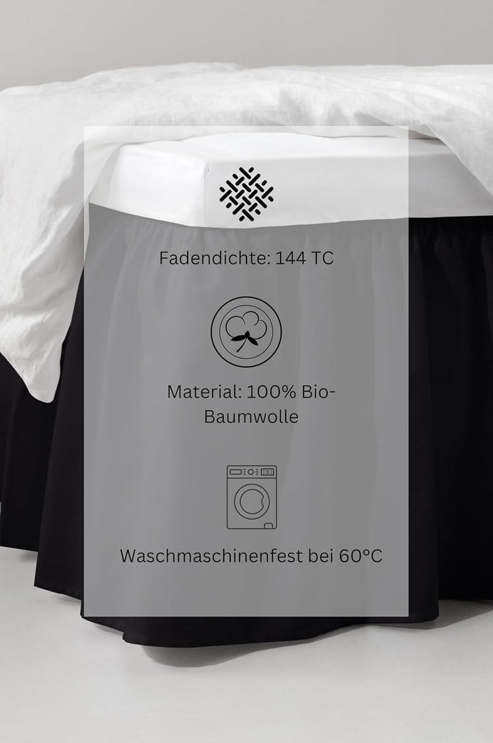 Jotex Zack Volant Betthusse - 100% hochwertige Bio-Baumwolle Bettrock, Höhe 45 cm - Schwarz, 180 x 2