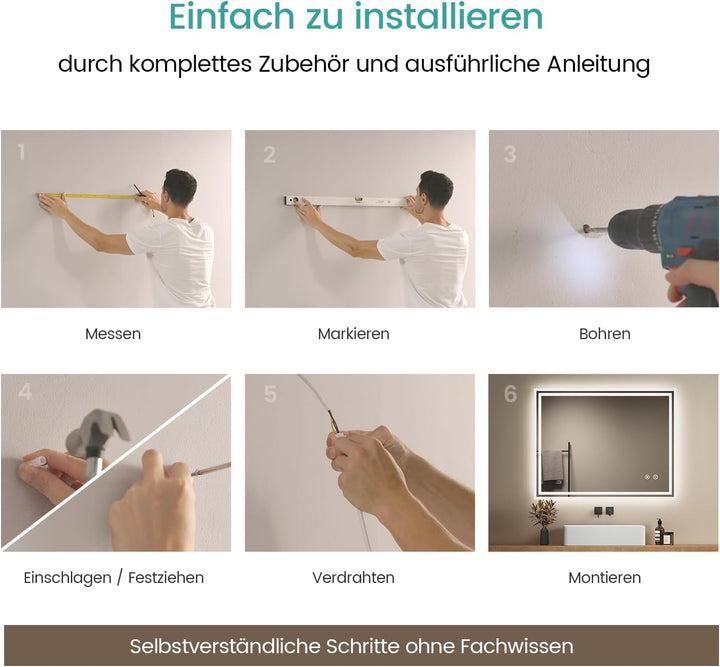 EMKE Badspiegel mit Beleuchtung 90x70cm, Badezimmerspiegel mit Touch, Antibeschlag, Kaltweiss Licht