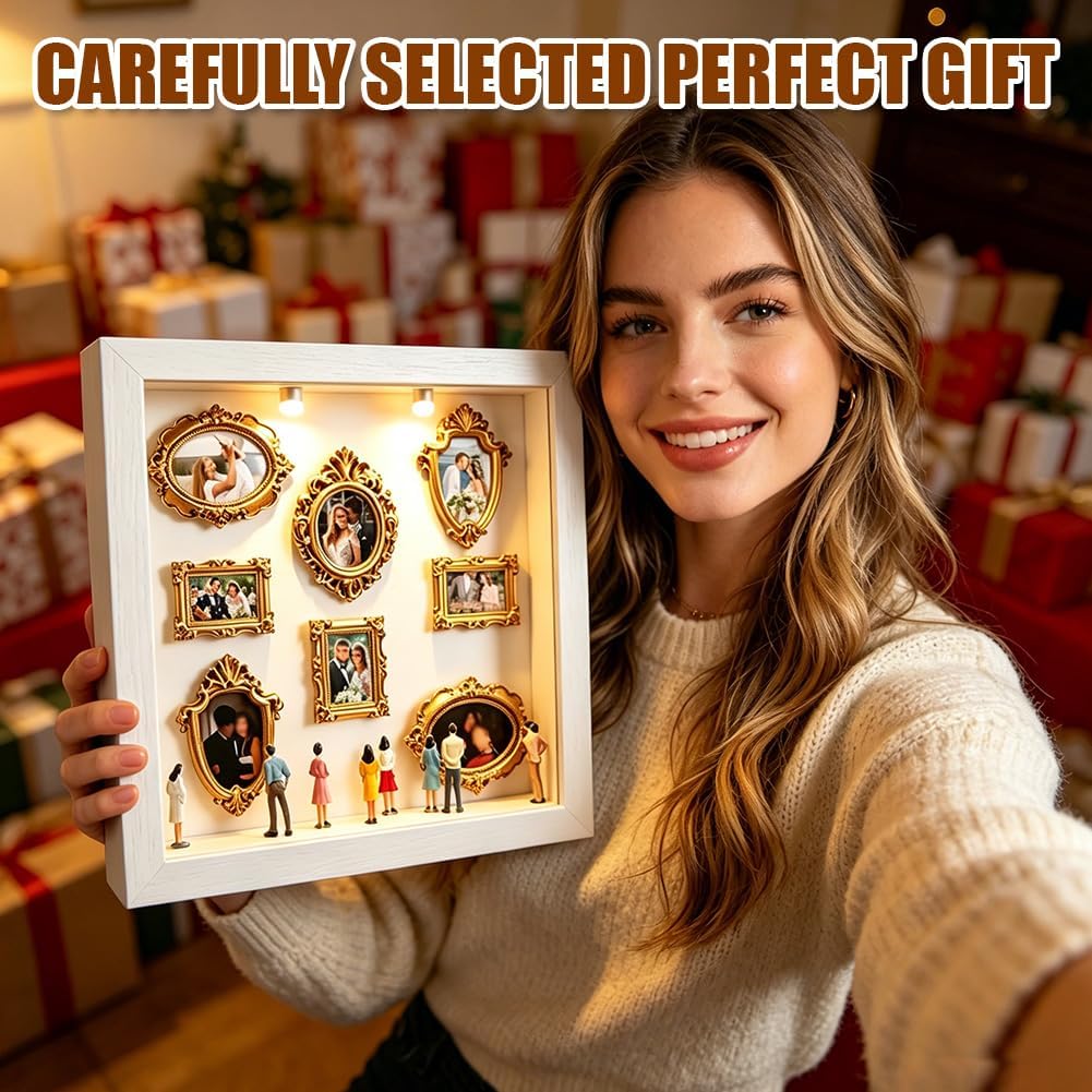 DIY Mini Museum Shadow Box mit LED Licht - Mini Bilderrahmen Vintage Set mit 8 Gold Rahmen & 8 Figur
