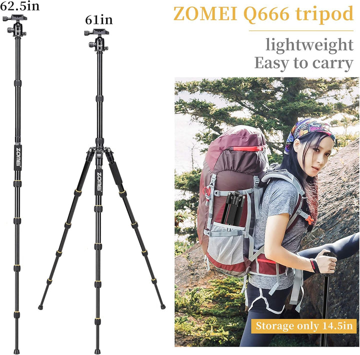 ZOMEI Q666 Kamera Stativ, 155cm Aluminium-Leichtbau Reisestativ, 3-in-1 Fotostativ Makrostativ und E