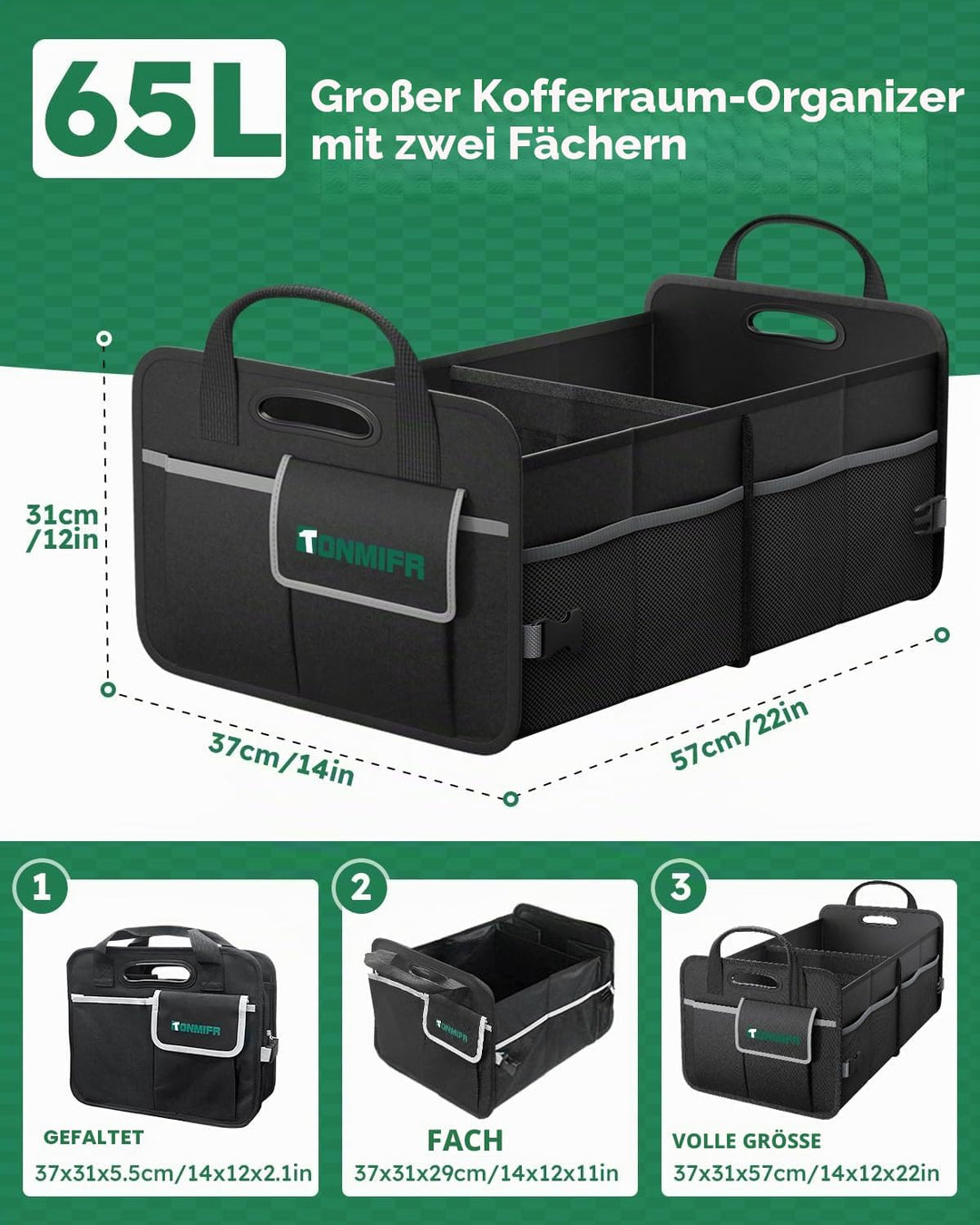 Kofferraum-Organizer mit 2 Fächern, strapazierfähig, 600D Oxford, zusammenklappbar, mit reflektieren